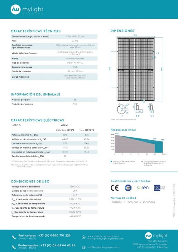 Panel fotovoltaico fullblack de 435 Wp dimensiones 1,1 x 1,8 m - HJT 435WC - Imagen 3