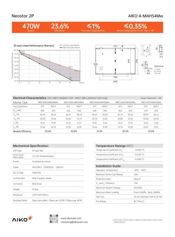 Panel fotovoltaico fullblack de 470 Wp dimensiones 1,1 x 1,8 m - AIKO-A470-MAH54Mw - Imagen 3