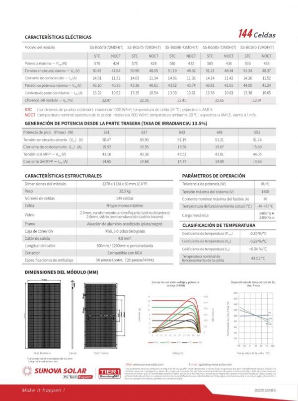 Panel fotovoltaico de 570 Wp dimensiones 1,1 x 2,3 m SUNOVA 570wc Tangra M Pro Bifacial N-Type 72MDH(T) - Imagen 3