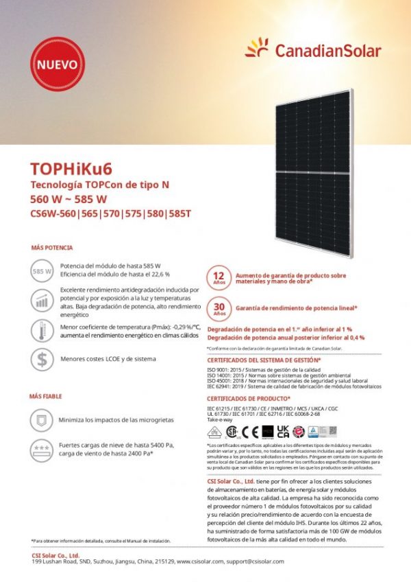 Panel fotovoltaico de 580 Wp dimensiones 1,1 x 2,3 m - MP-TOPHIKU6-580 TOPCON - Imagen 2