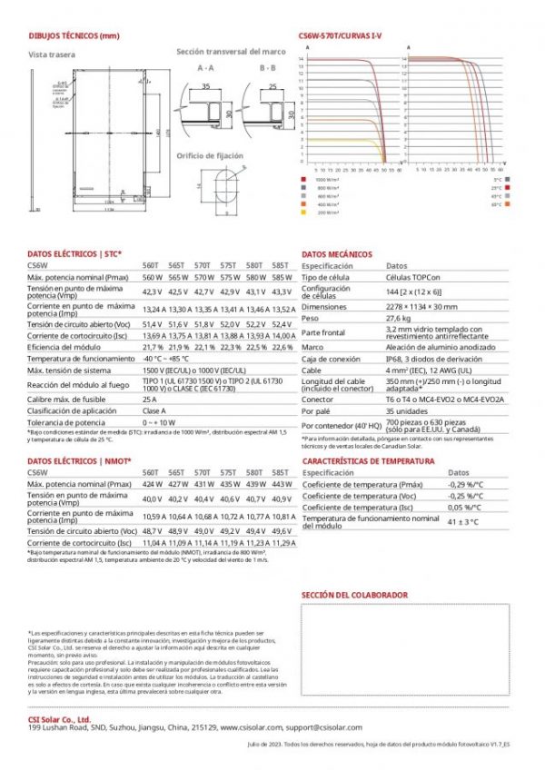 Panel fotovoltaico de 580 Wp dimensiones 1,1 x 2,3 m - MP-TOPHIKU6-580 TOPCON - Imagen 3